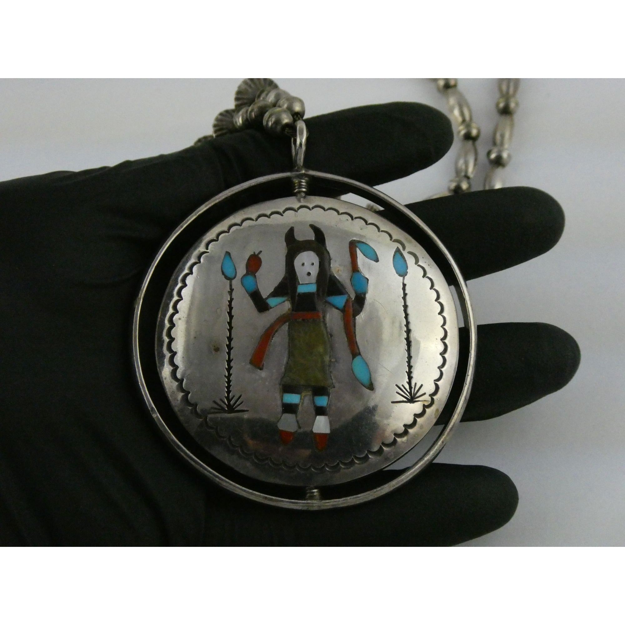 Southwestern Sterling Silver Zuni Inlay Spinner Pendant Necklace Navajo Pearls