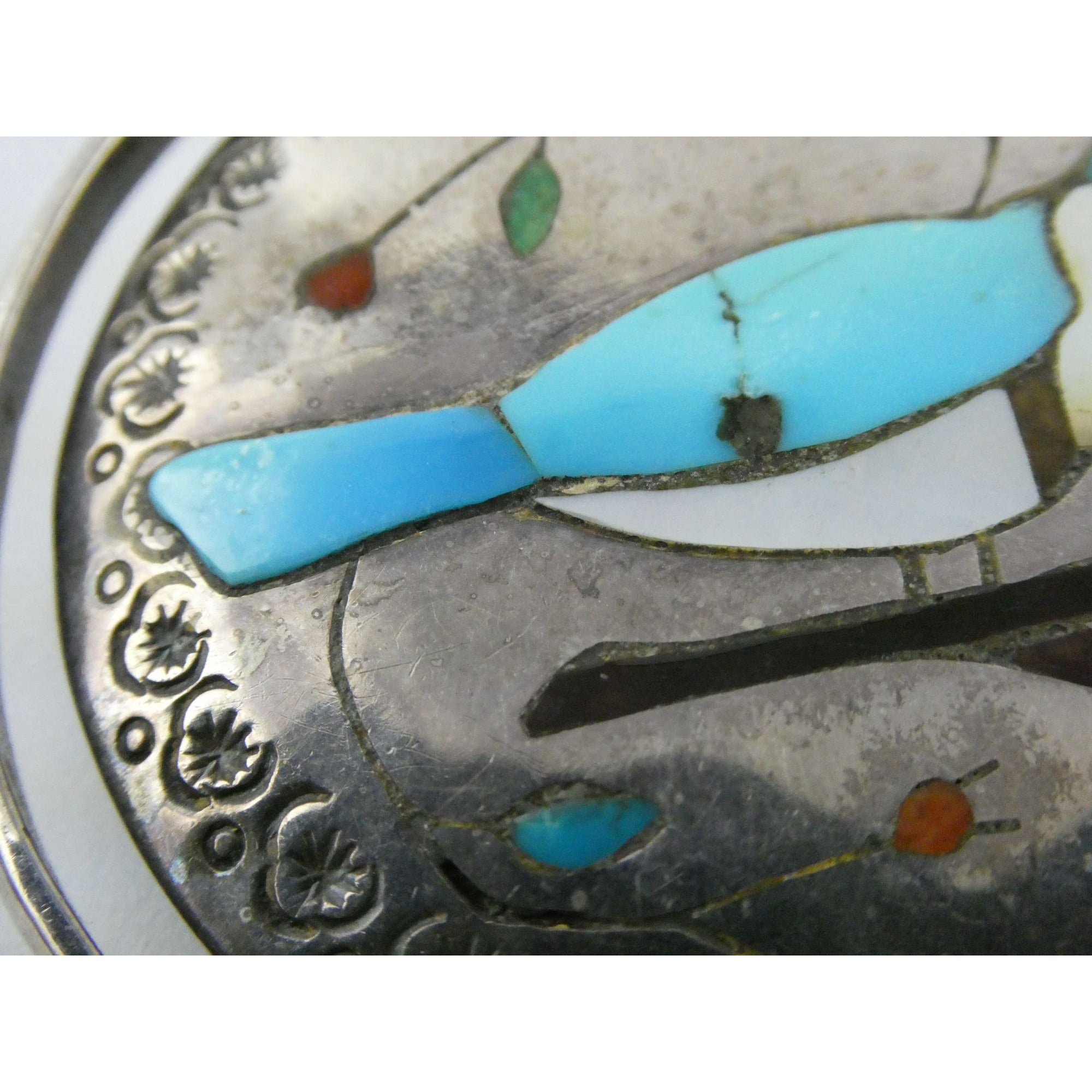 Southwestern Sterling Silver Zuni Inlay Spinner Pendant Necklace Navajo Pearls
