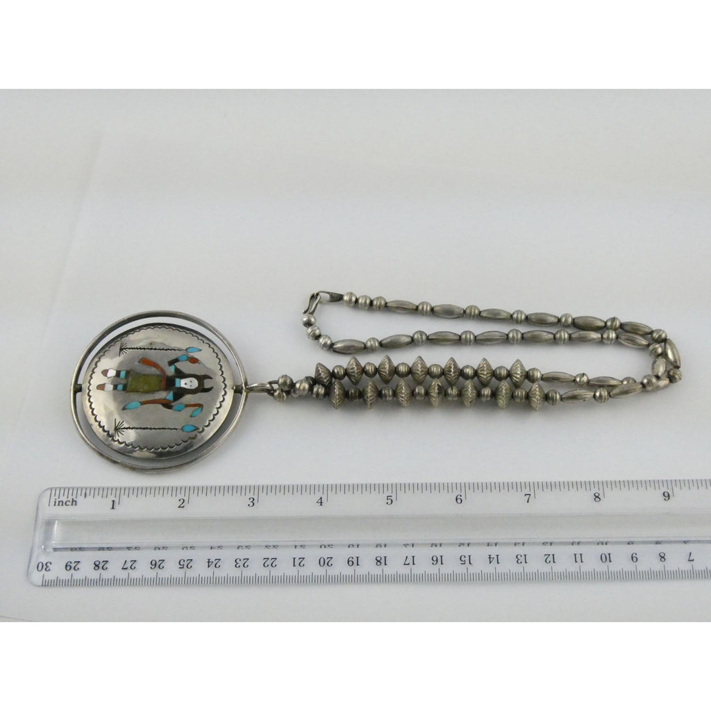 Southwestern Sterling Silver Zuni Inlay Spinner Pendant Necklace Navajo Pearls