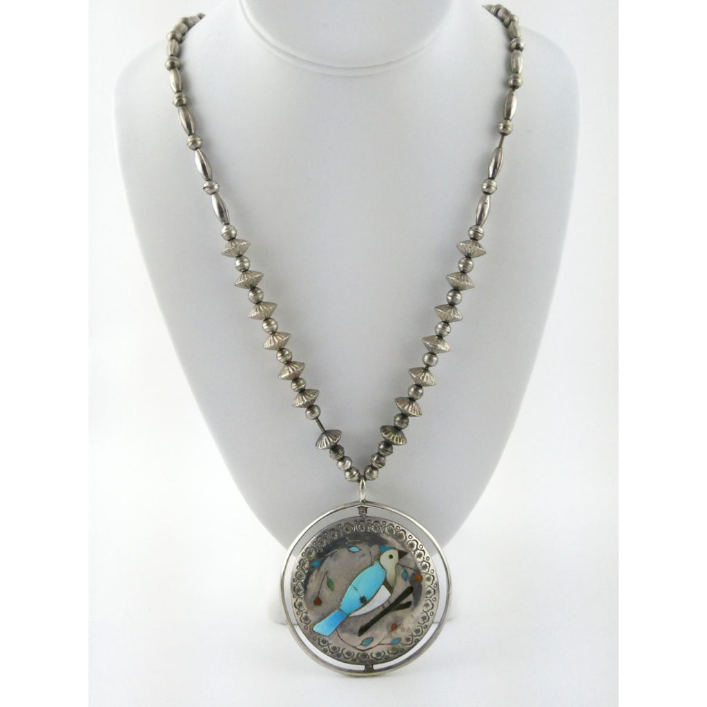 Southwestern Sterling Silver Zuni Inlay Spinner Pendant Necklace Navajo Pearls