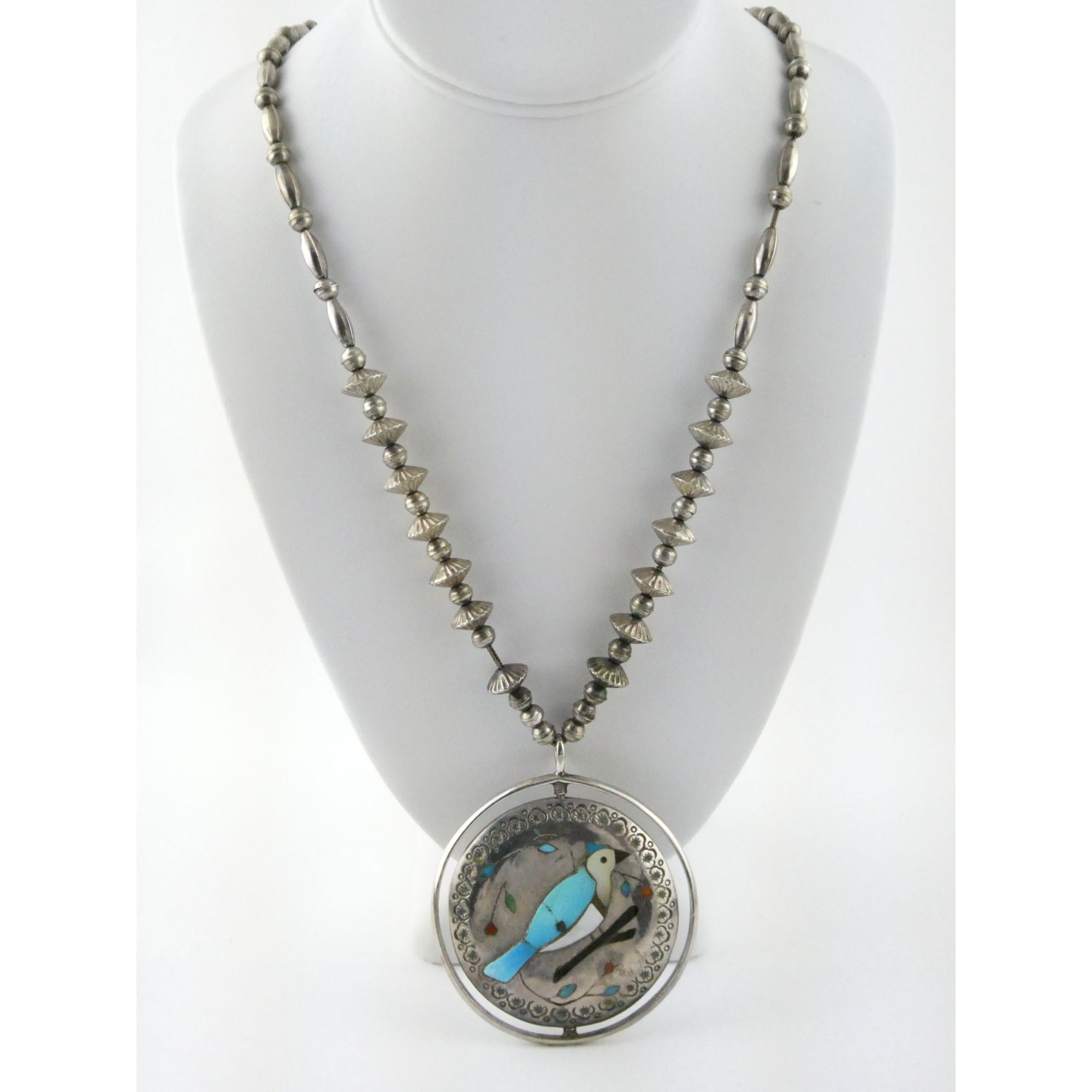 Southwestern Sterling Silver Zuni Inlay Spinner Pendant Necklace Navajo Pearls