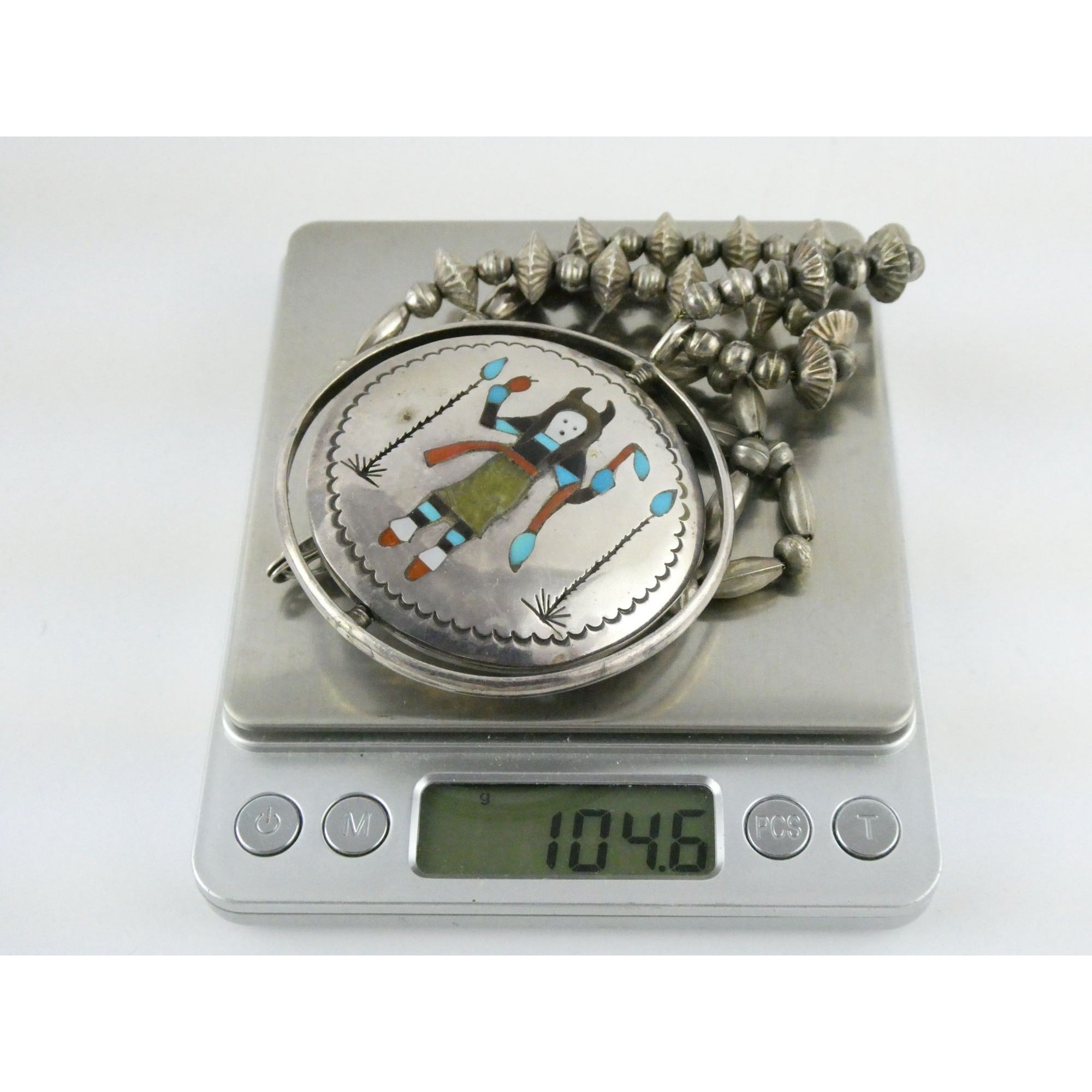 Southwestern Sterling Silver Zuni Inlay Spinner Pendant Necklace Navajo Pearls