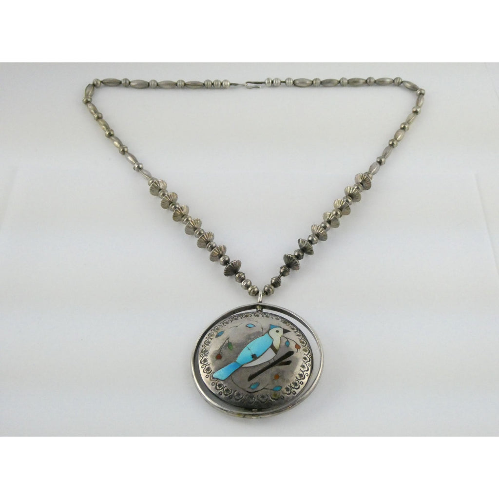 Southwestern Sterling Silver Zuni Inlay Spinner Pendant Necklace Navajo Pearls