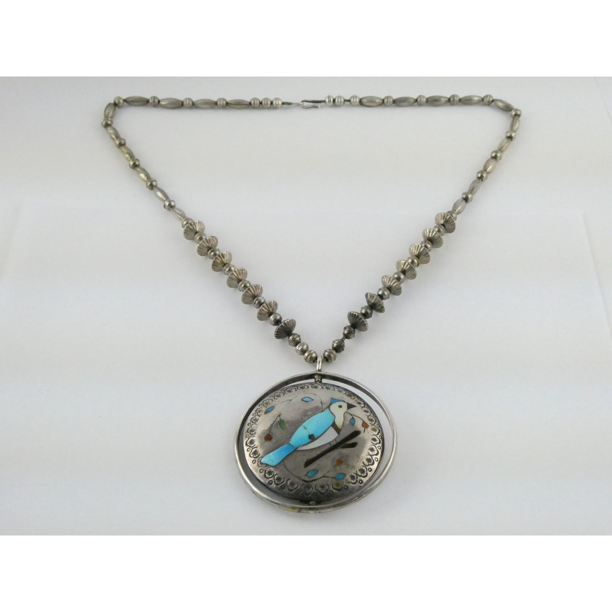 Southwestern Sterling Silver Zuni Inlay Spinner Pendant Necklace Navajo Pearls