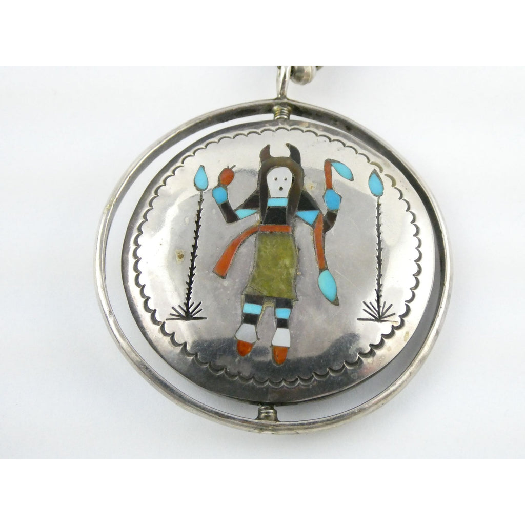 Southwestern Sterling Silver Zuni Inlay Spinner Pendant Necklace Navajo Pearls