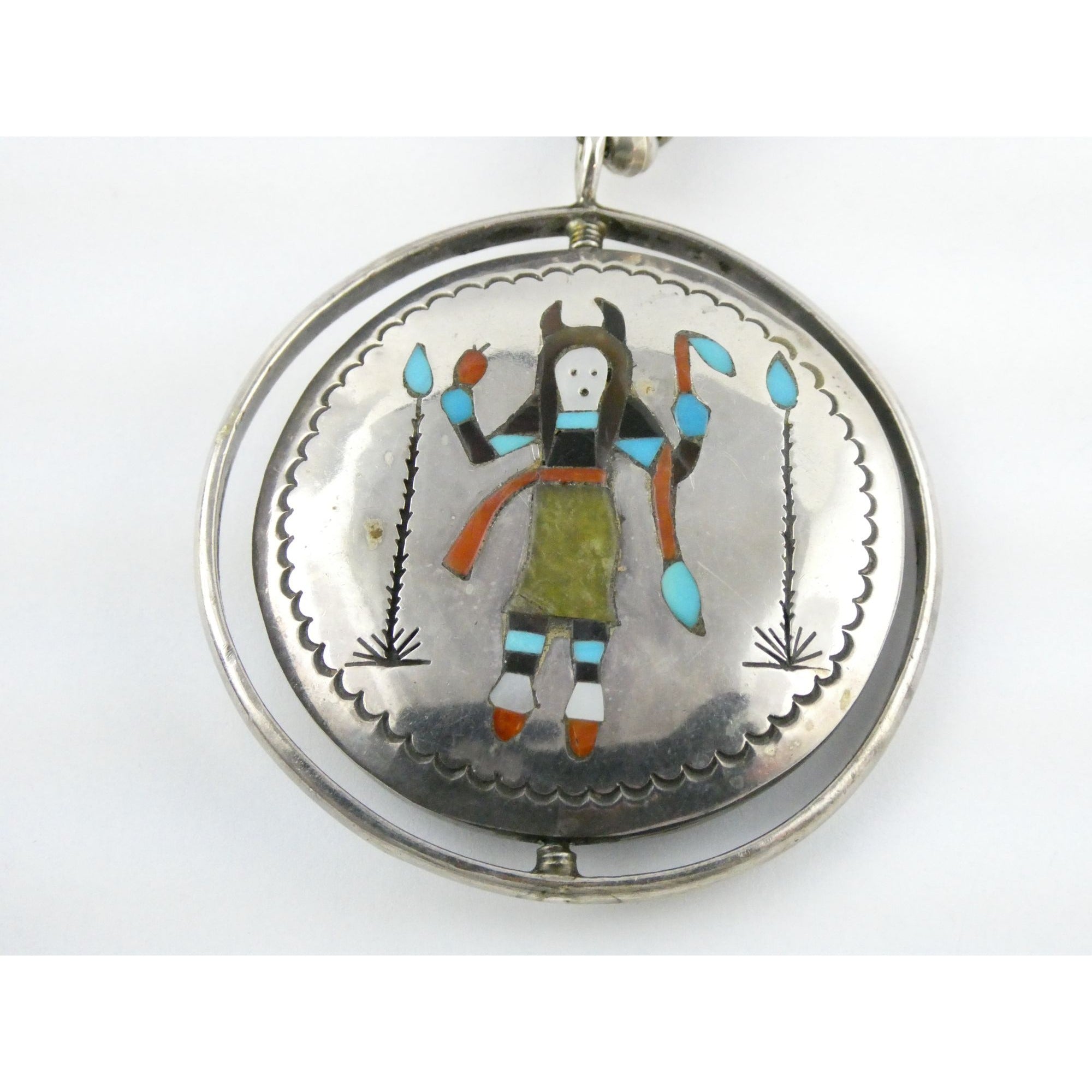 Southwestern Sterling Silver Zuni Inlay Spinner Pendant Necklace Navajo Pearls