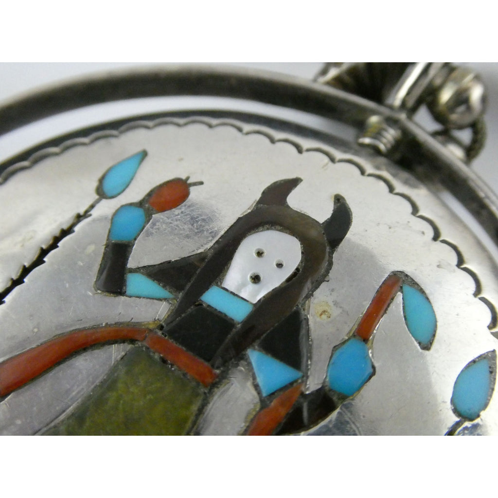 Southwestern Sterling Silver Zuni Inlay Spinner Pendant Necklace Navajo Pearls