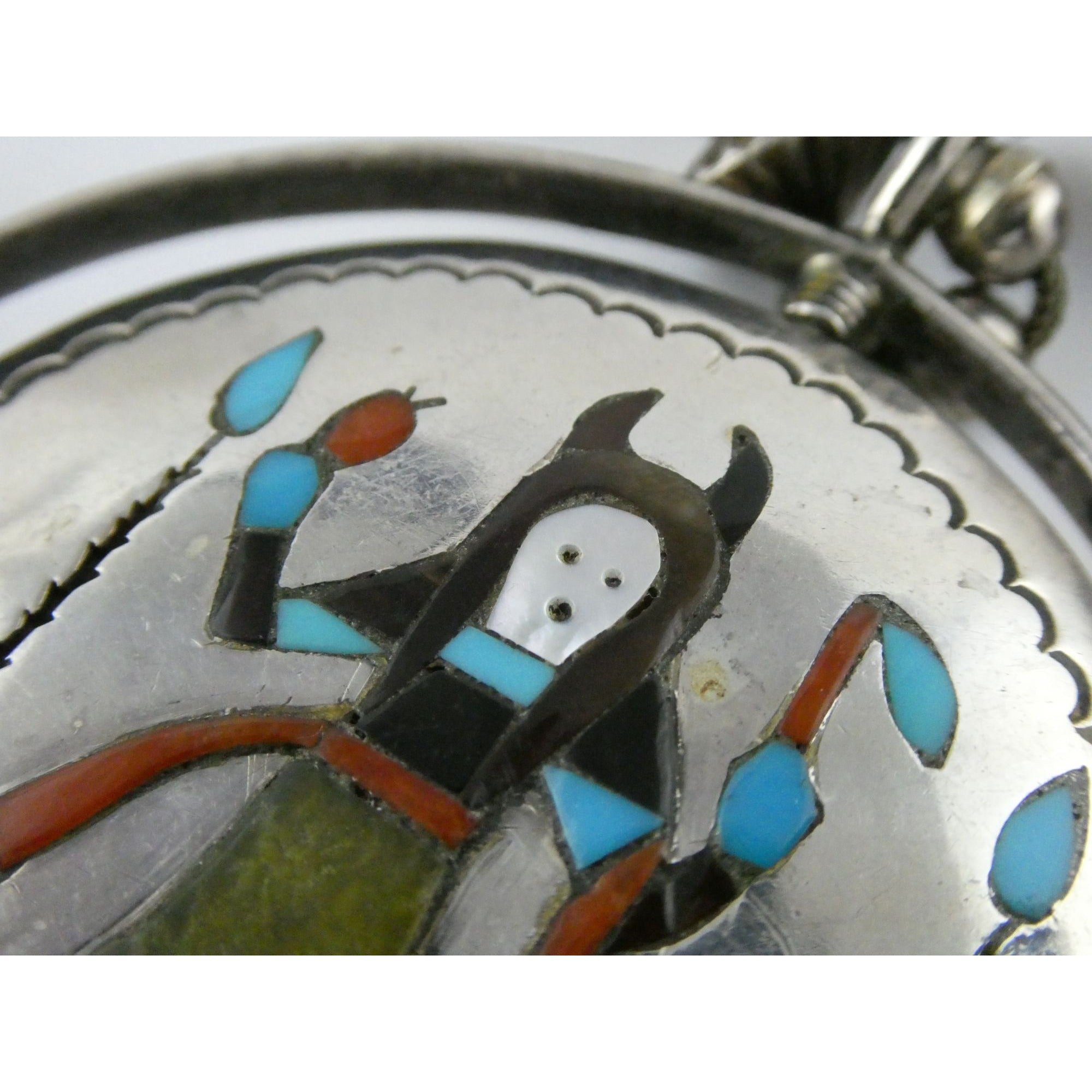 Southwestern Sterling Silver Zuni Inlay Spinner Pendant Necklace Navajo Pearls