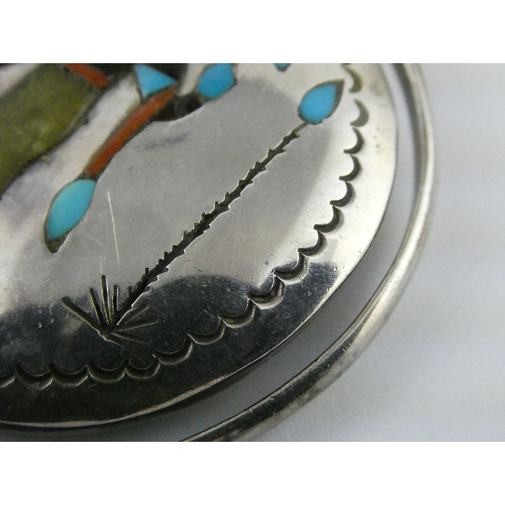 Southwestern Sterling Silver Zuni Inlay Spinner Pendant Necklace Navajo Pearls