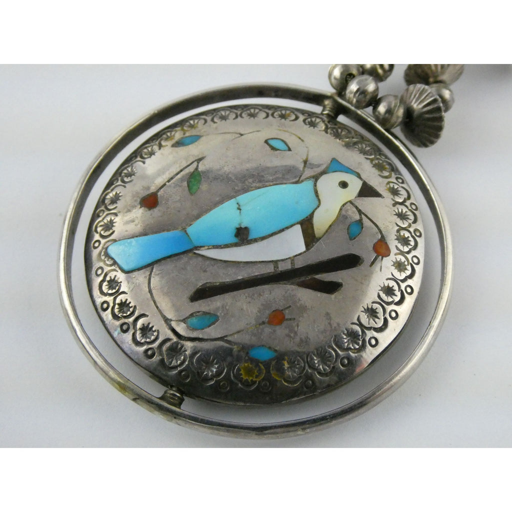 Southwestern Sterling Silver Zuni Inlay Spinner Pendant Necklace Navajo Pearls