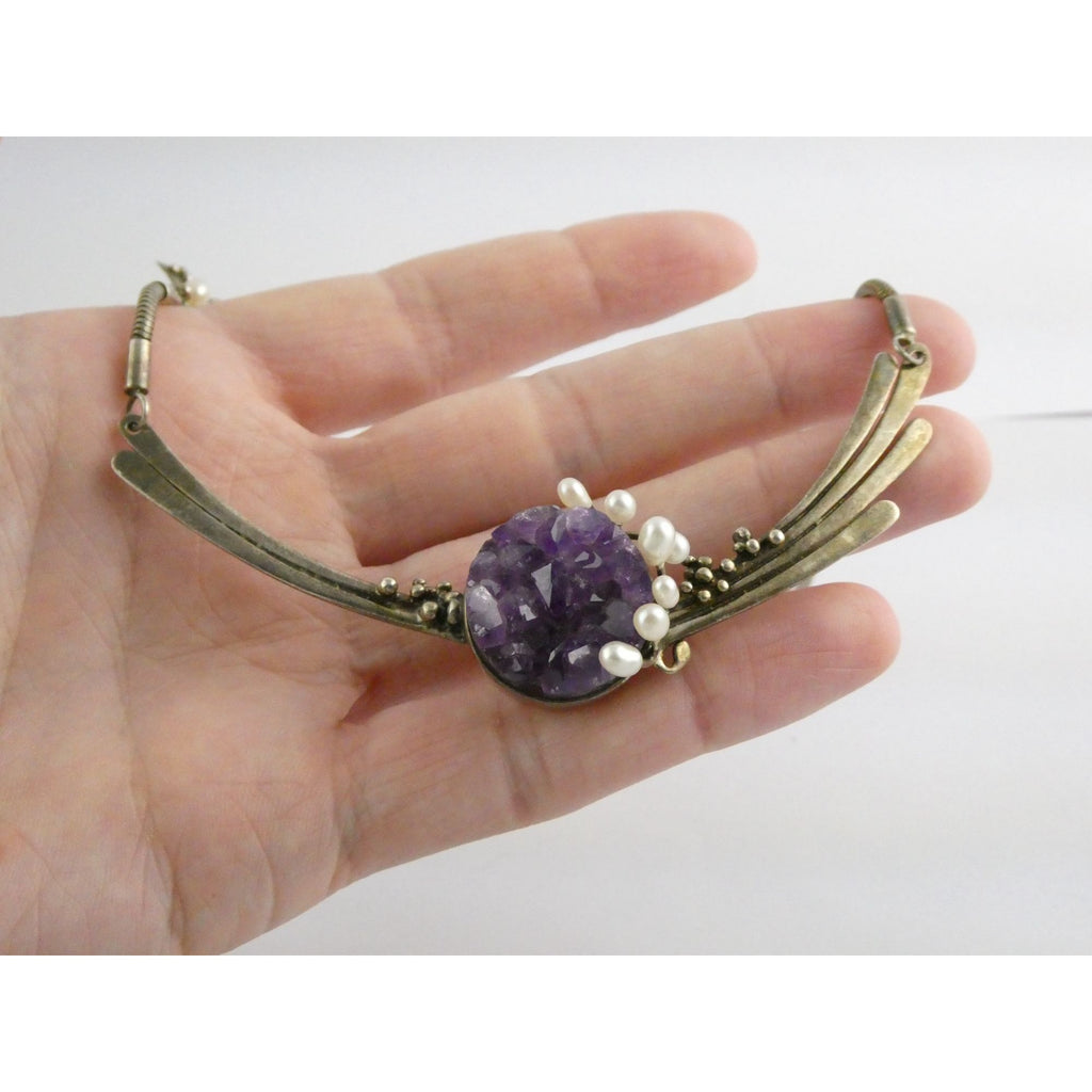Artisan Signed RP Sterling Silver Amethyst and Pearl Flourish Motif Necklace 31g