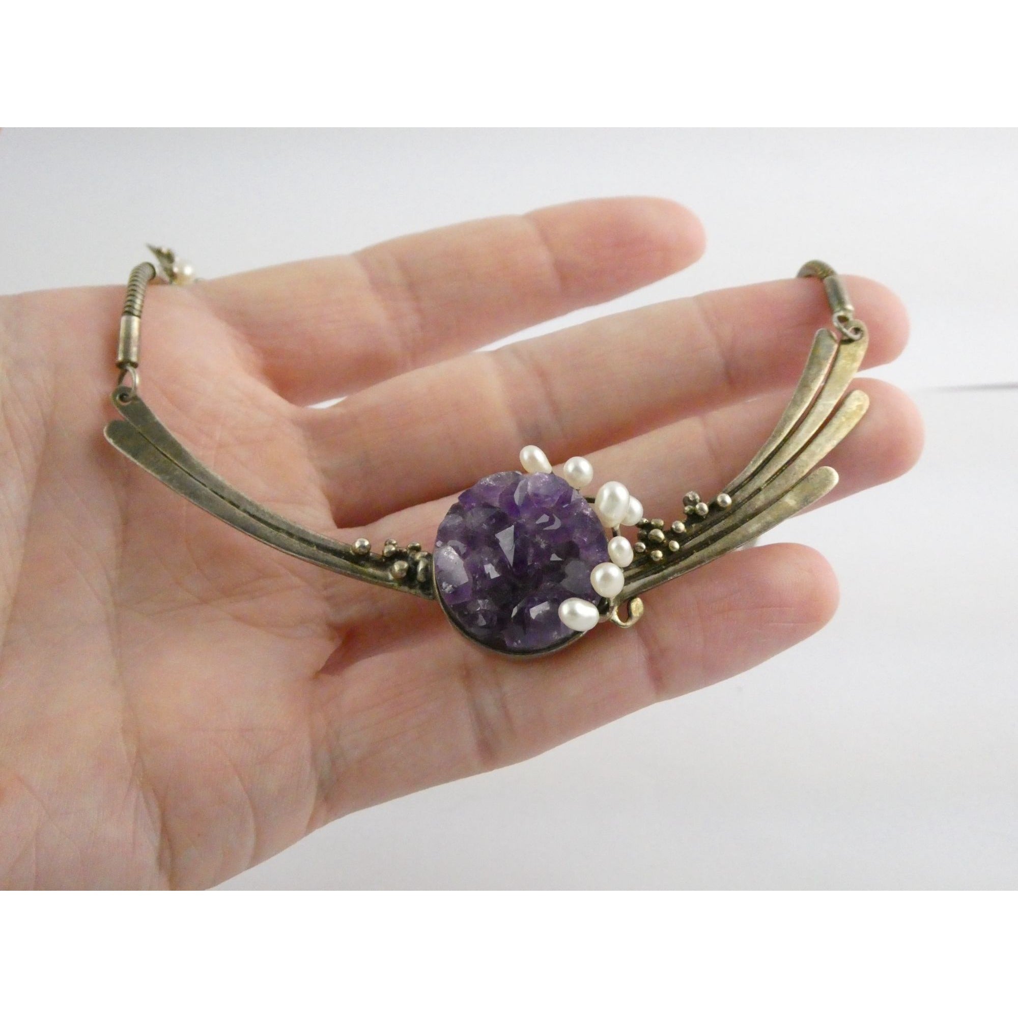 Artisan Signed RP Sterling Silver Amethyst and Pearl Flourish Motif Necklace 31g