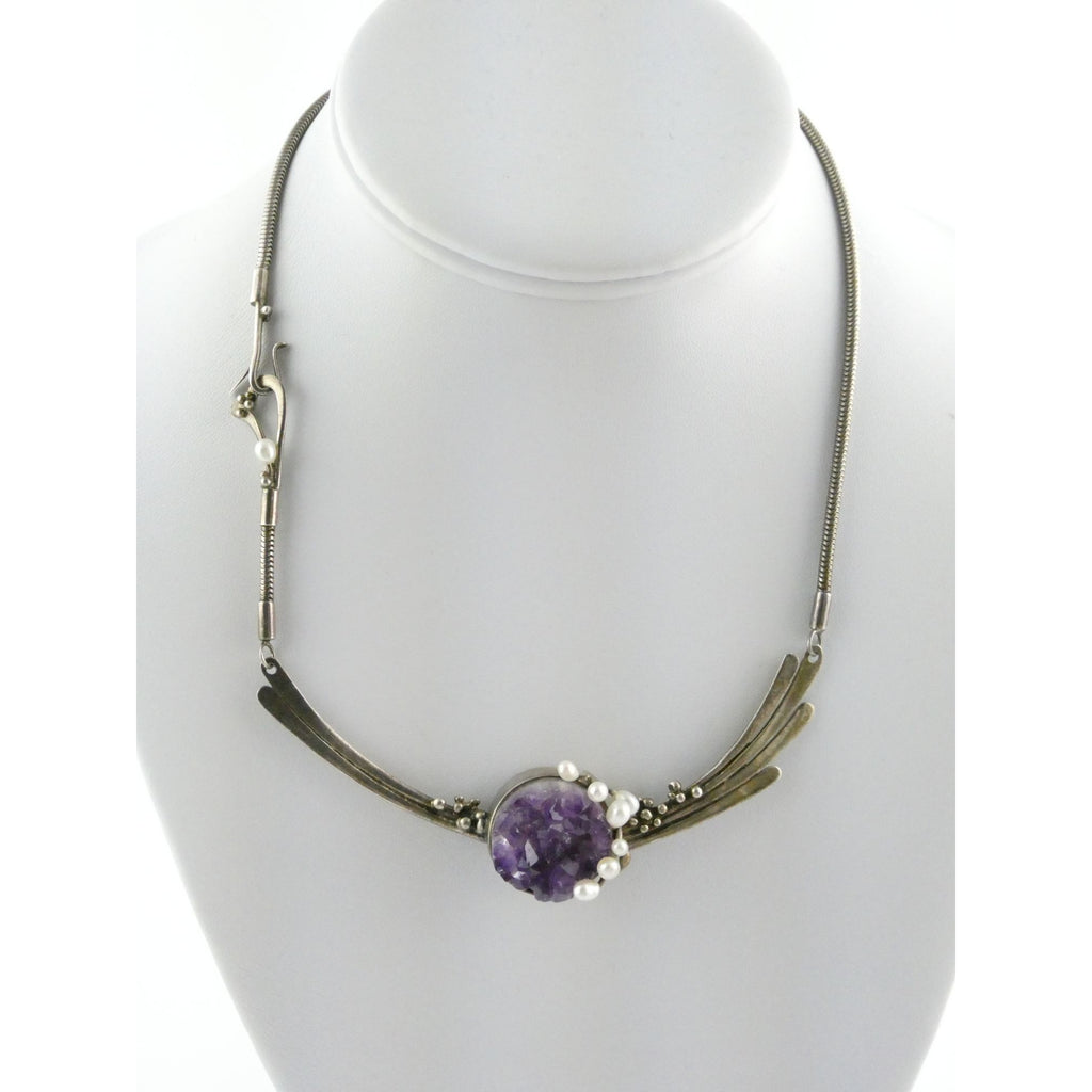 Artisan Signed RP Sterling Silver Amethyst and Pearl Flourish Motif Necklace 31g