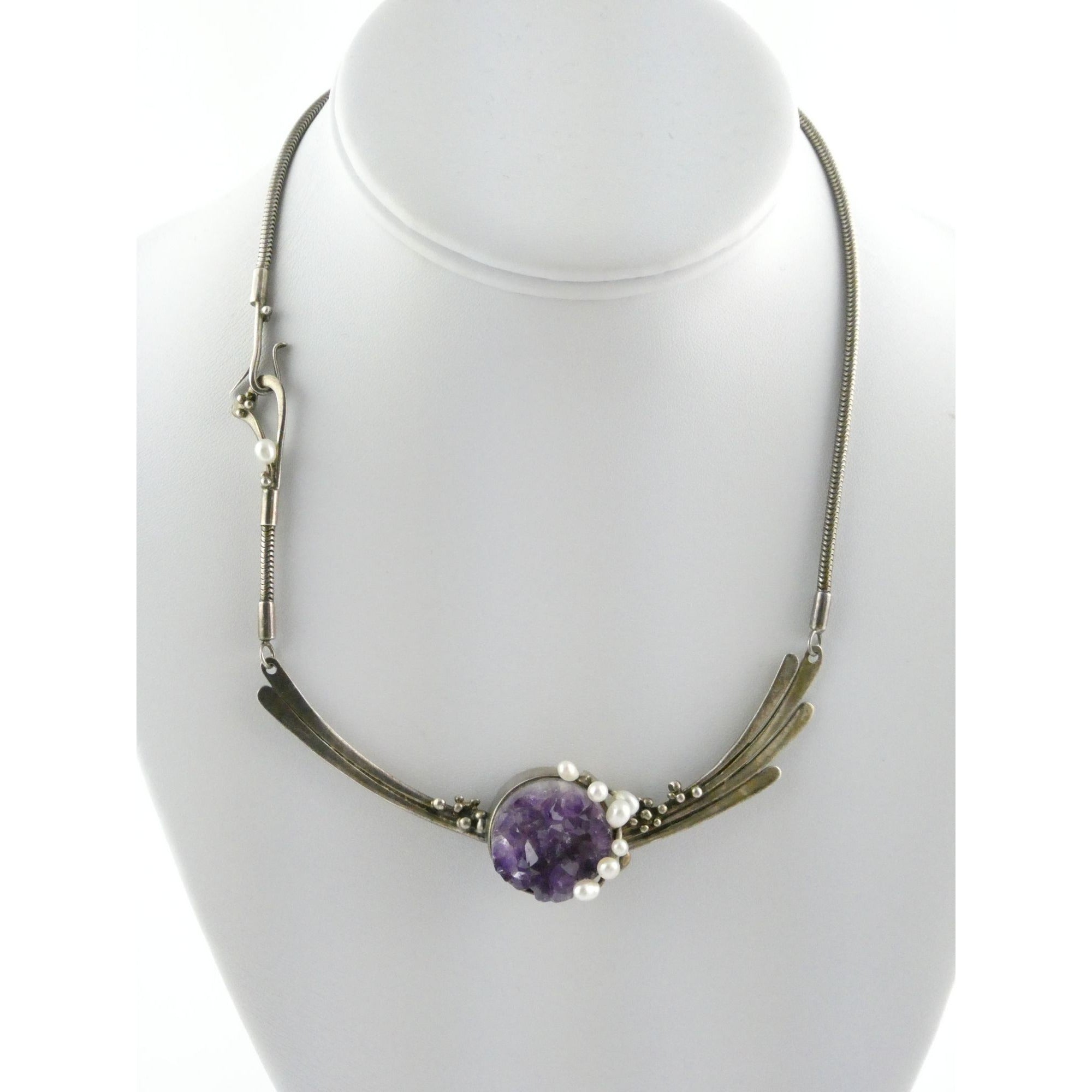 Artisan Signed RP Sterling Silver Amethyst and Pearl Flourish Motif Necklace 31g