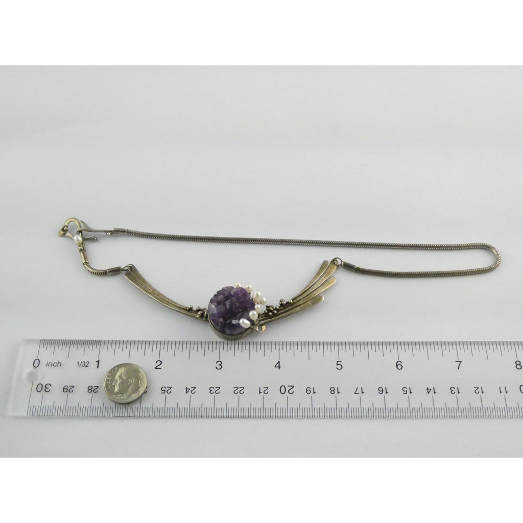 Artisan Signed RP Sterling Silver Amethyst and Pearl Flourish Motif Necklace 31g
