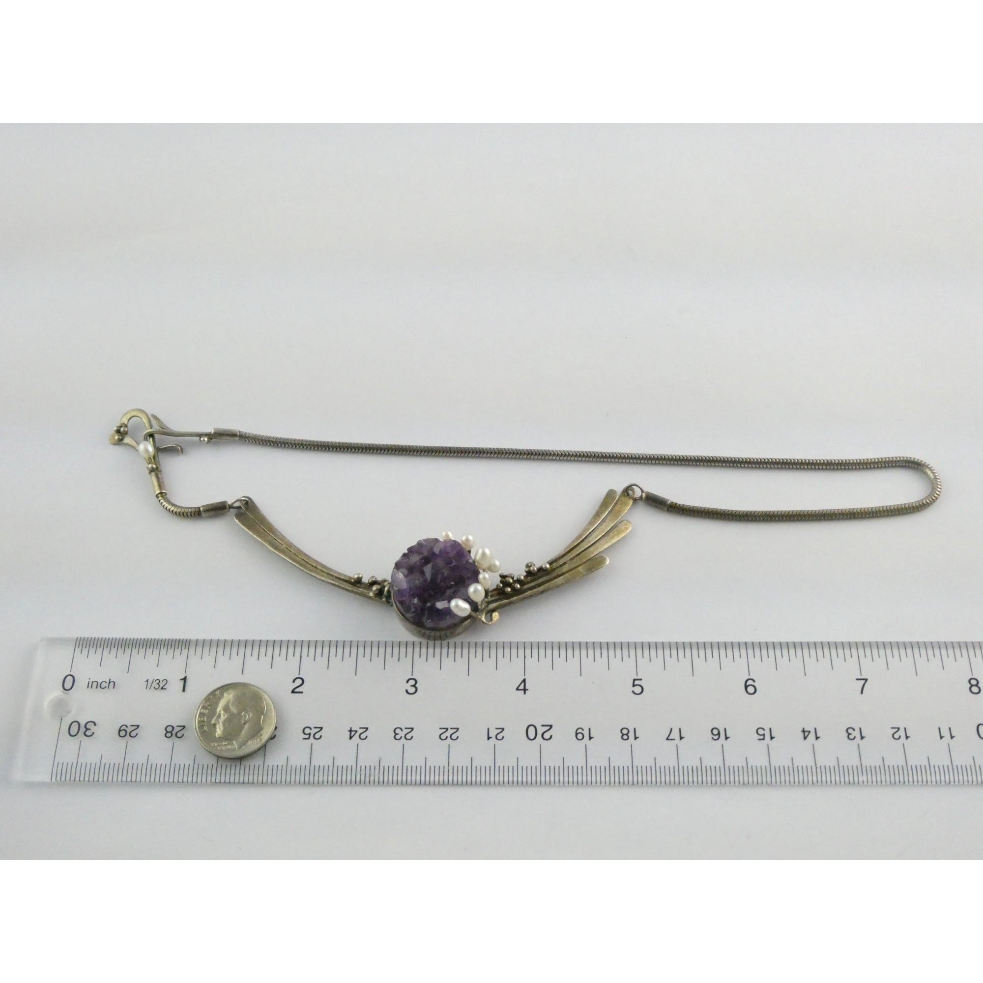 Artisan Signed RP Sterling Silver Amethyst and Pearl Flourish Motif Necklace 31g