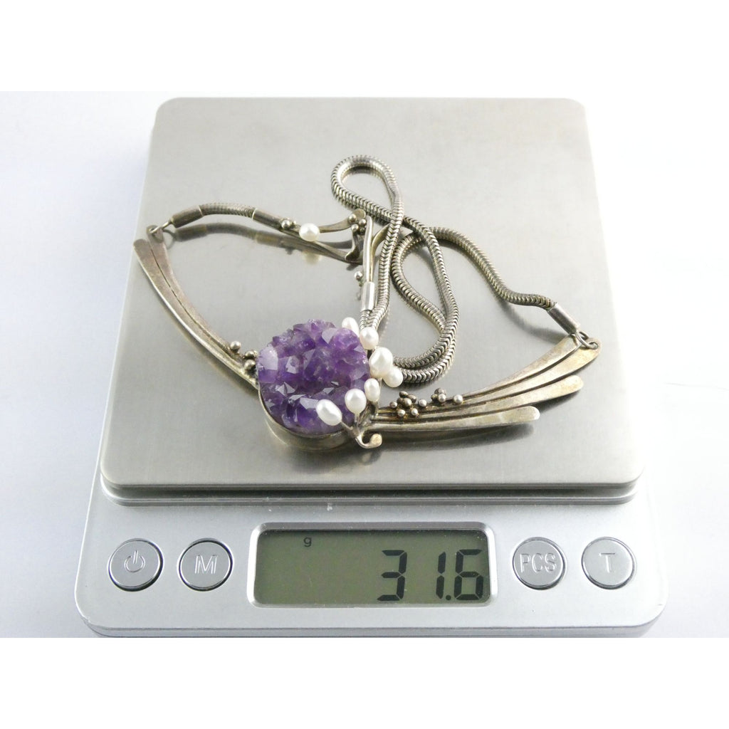 Artisan Signed RP Sterling Silver Amethyst and Pearl Flourish Motif Necklace 31g