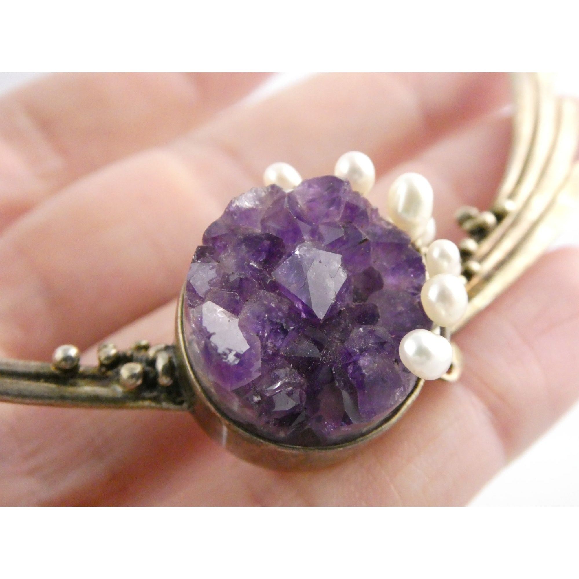 Artisan Signed RP Sterling Silver Amethyst and Pearl Flourish Motif Necklace 31g