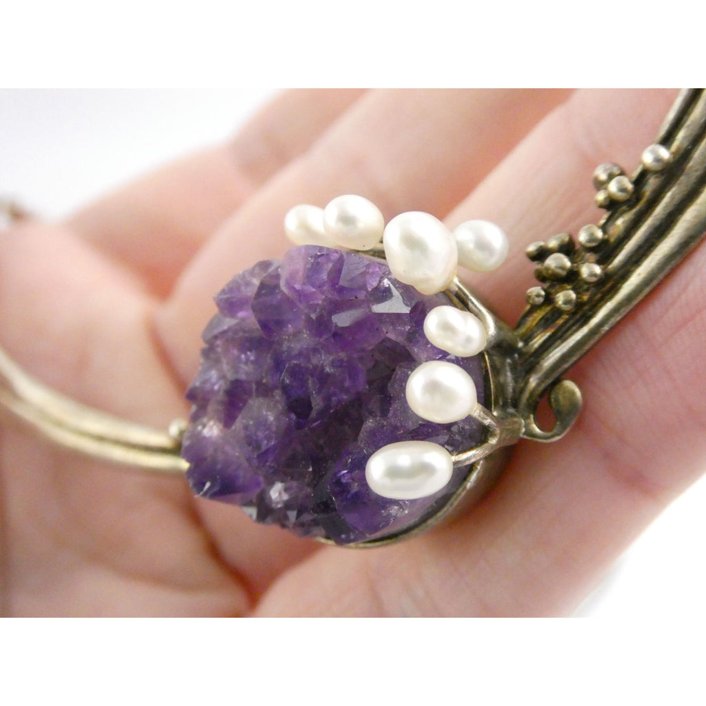 Artisan Signed RP Sterling Silver Amethyst and Pearl Flourish Motif Necklace 31g