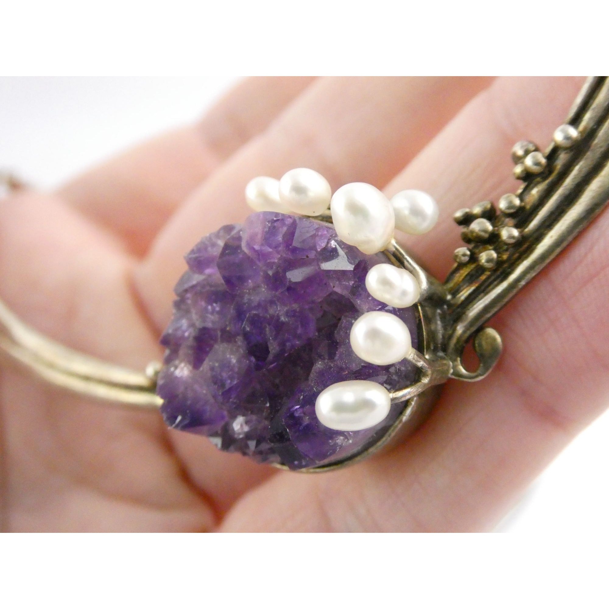 Artisan Signed RP Sterling Silver Amethyst and Pearl Flourish Motif Necklace 31g