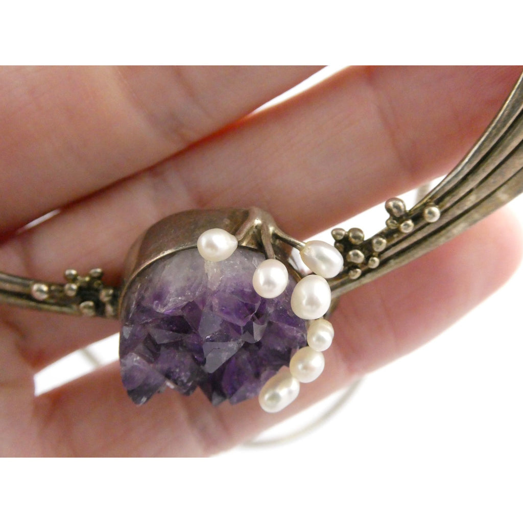 Artisan Signed RP Sterling Silver Amethyst and Pearl Flourish Motif Necklace 31g