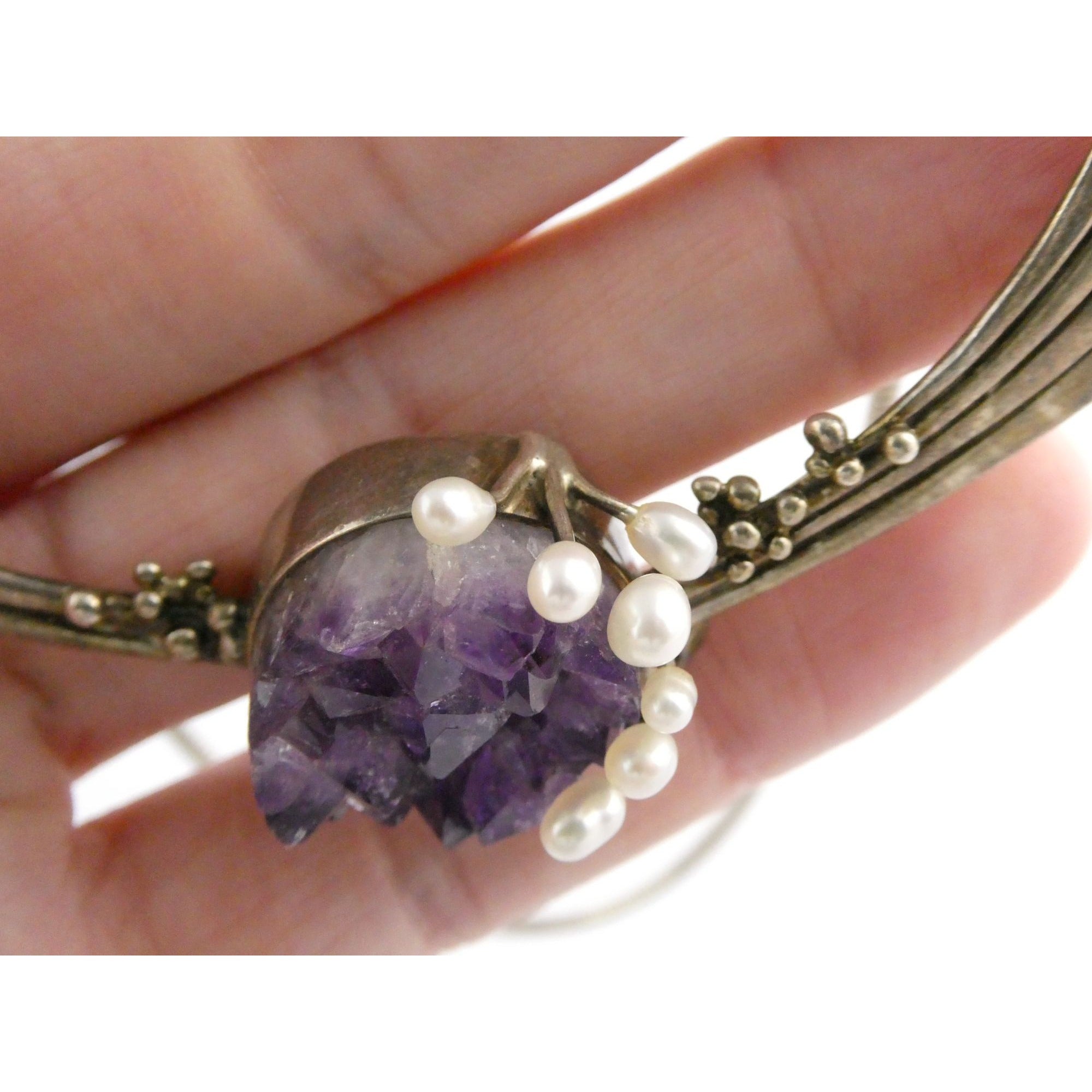 Artisan Signed RP Sterling Silver Amethyst and Pearl Flourish Motif Necklace 31g