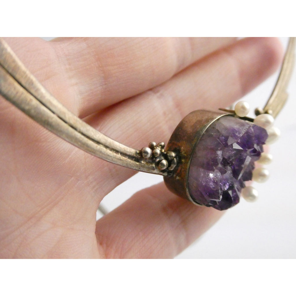 Artisan Signed RP Sterling Silver Amethyst and Pearl Flourish Motif Necklace 31g