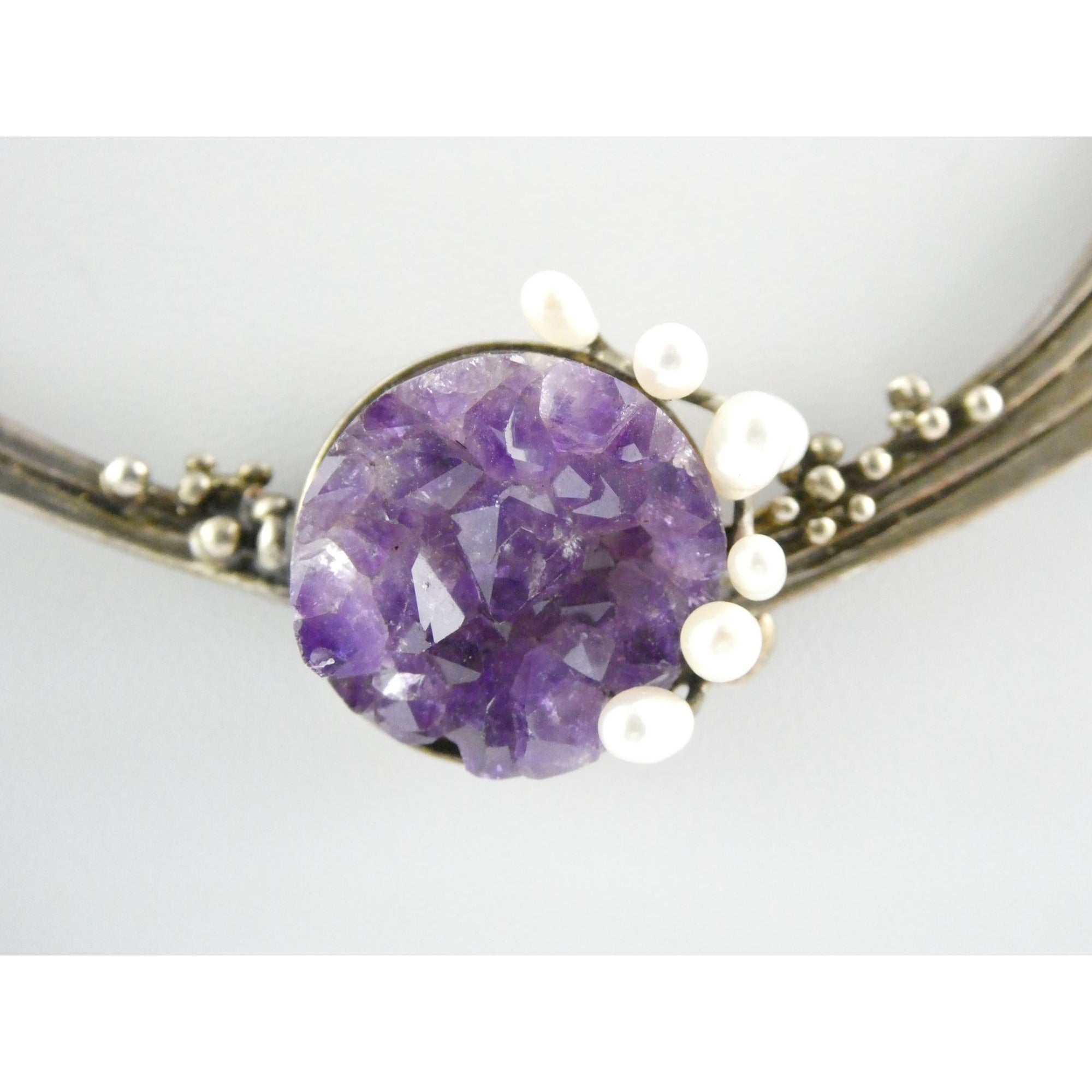 Artisan Signed RP Sterling Silver Amethyst and Pearl Flourish Motif Necklace 31g