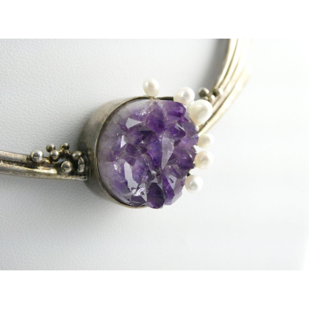 Artisan Signed RP Sterling Silver Amethyst and Pearl Flourish Motif Necklace 31g