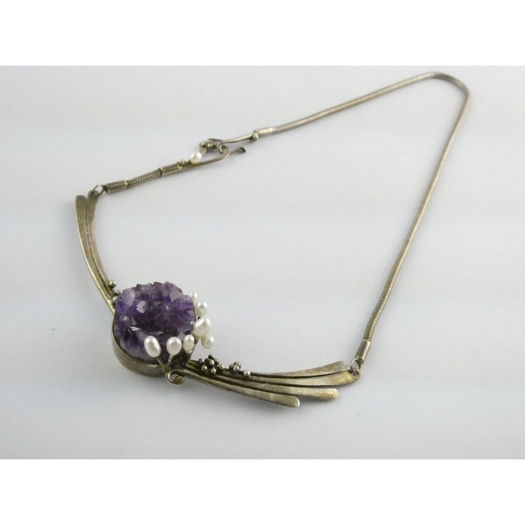 Artisan Signed RP Sterling Silver Amethyst and Pearl Flourish Motif Necklace 31g
