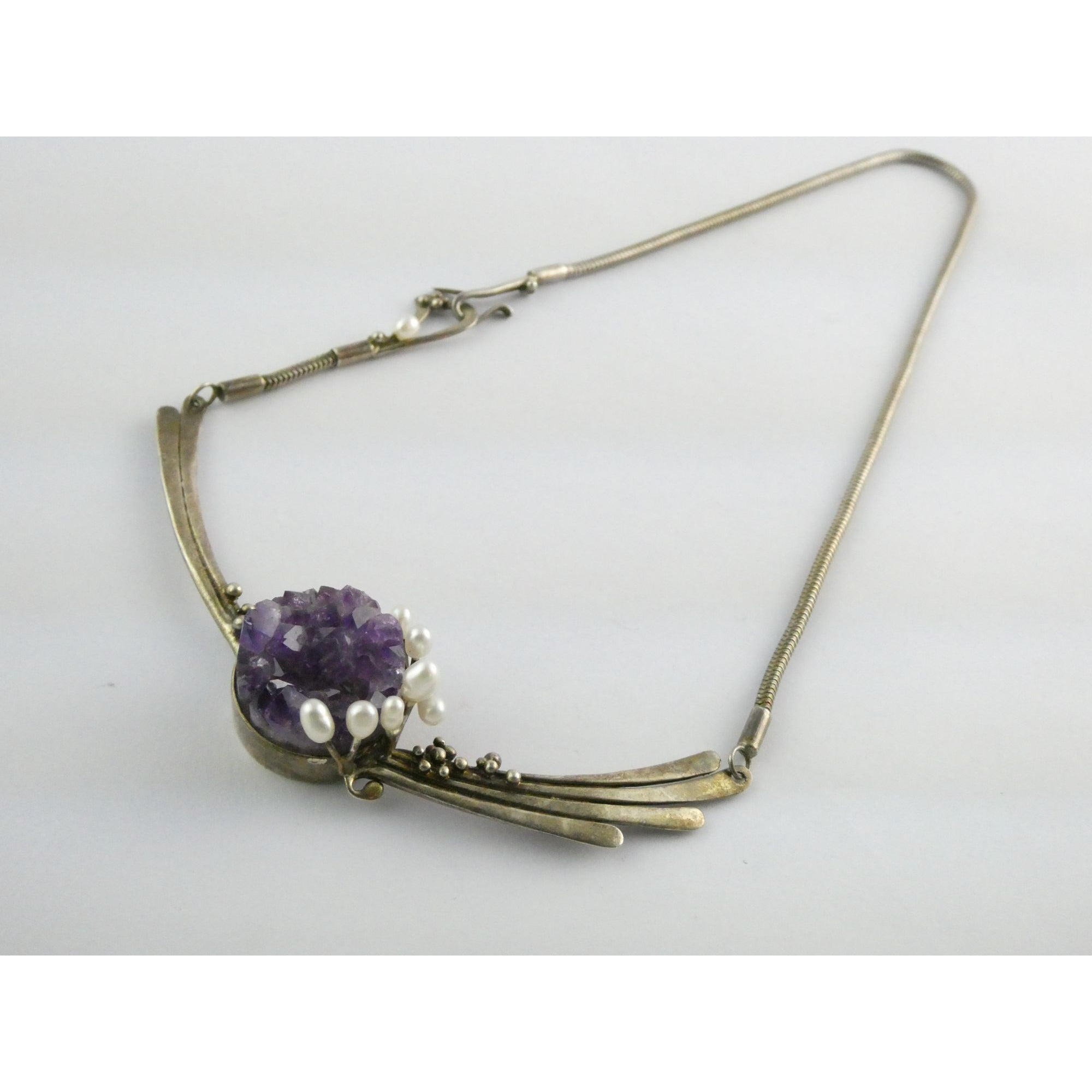 Artisan Signed RP Sterling Silver Amethyst and Pearl Flourish Motif Necklace 31g
