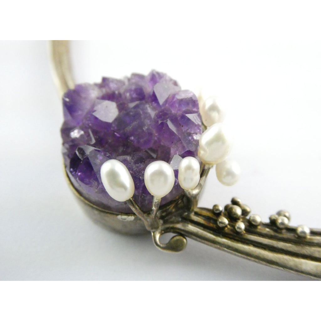 Artisan Signed RP Sterling Silver Amethyst and Pearl Flourish Motif Necklace 31g