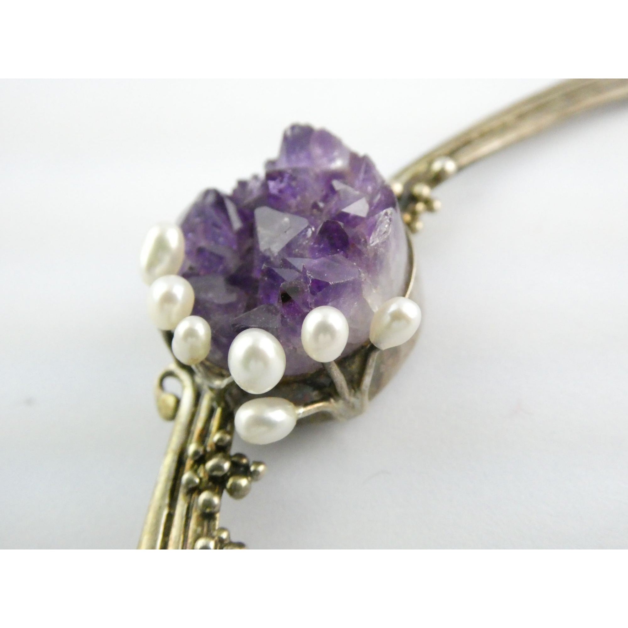 Artisan Signed RP Sterling Silver Amethyst and Pearl Flourish Motif Necklace 31g