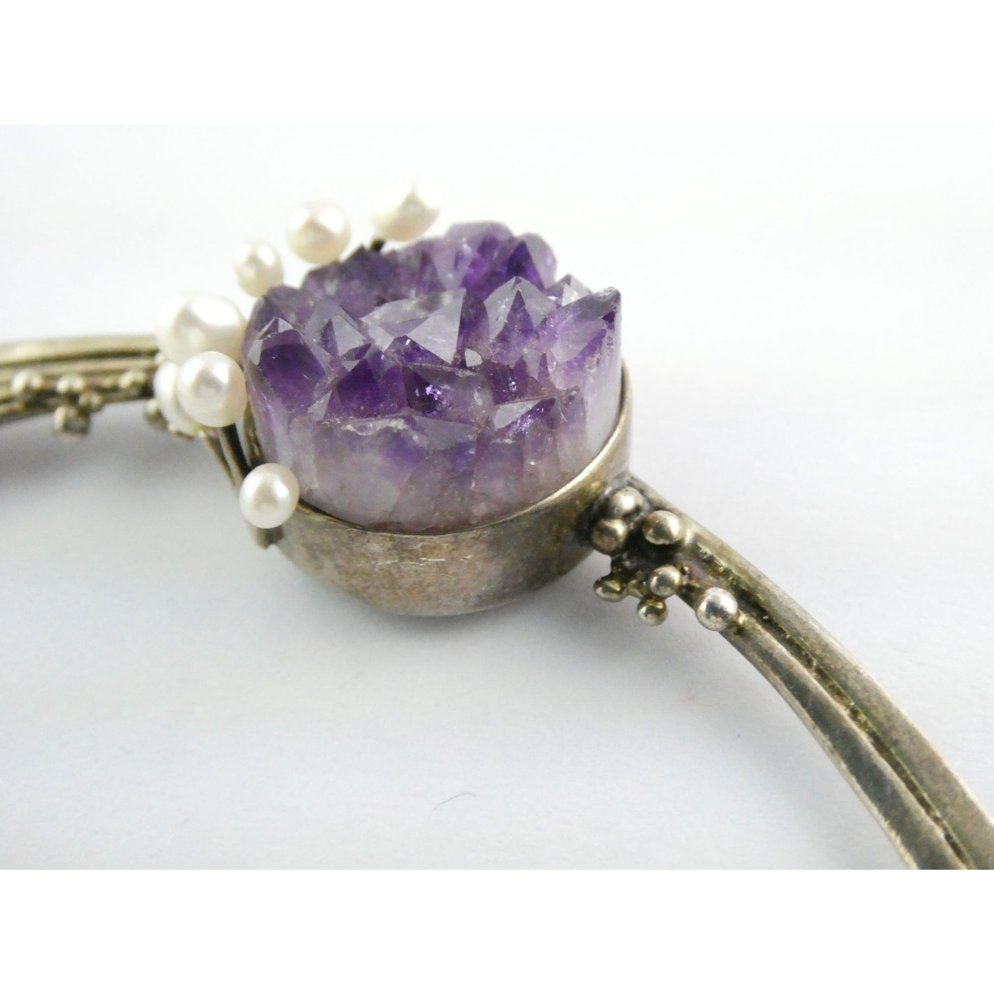 Artisan Signed RP Sterling Silver Amethyst and Pearl Flourish Motif Necklace 31g