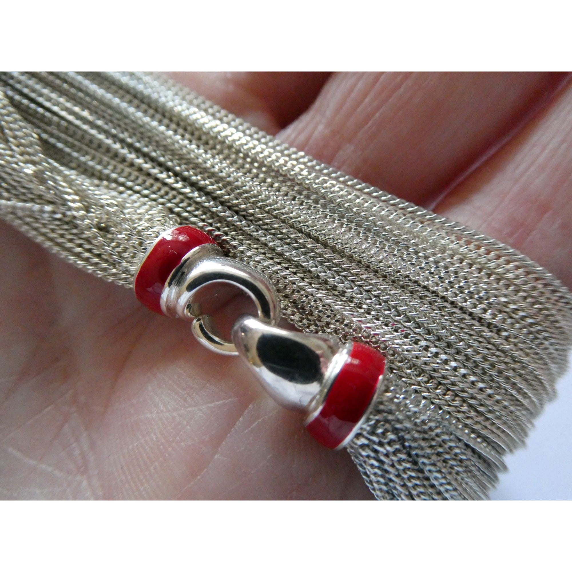 Tiffany & Co Sterling Silver Red Enamel Multi Strand Chain Necklace 17 Inch 925