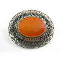 Vintage Italian Partially Gilt Sterling Silver Filigree Carnelian Brooch Pin 10g