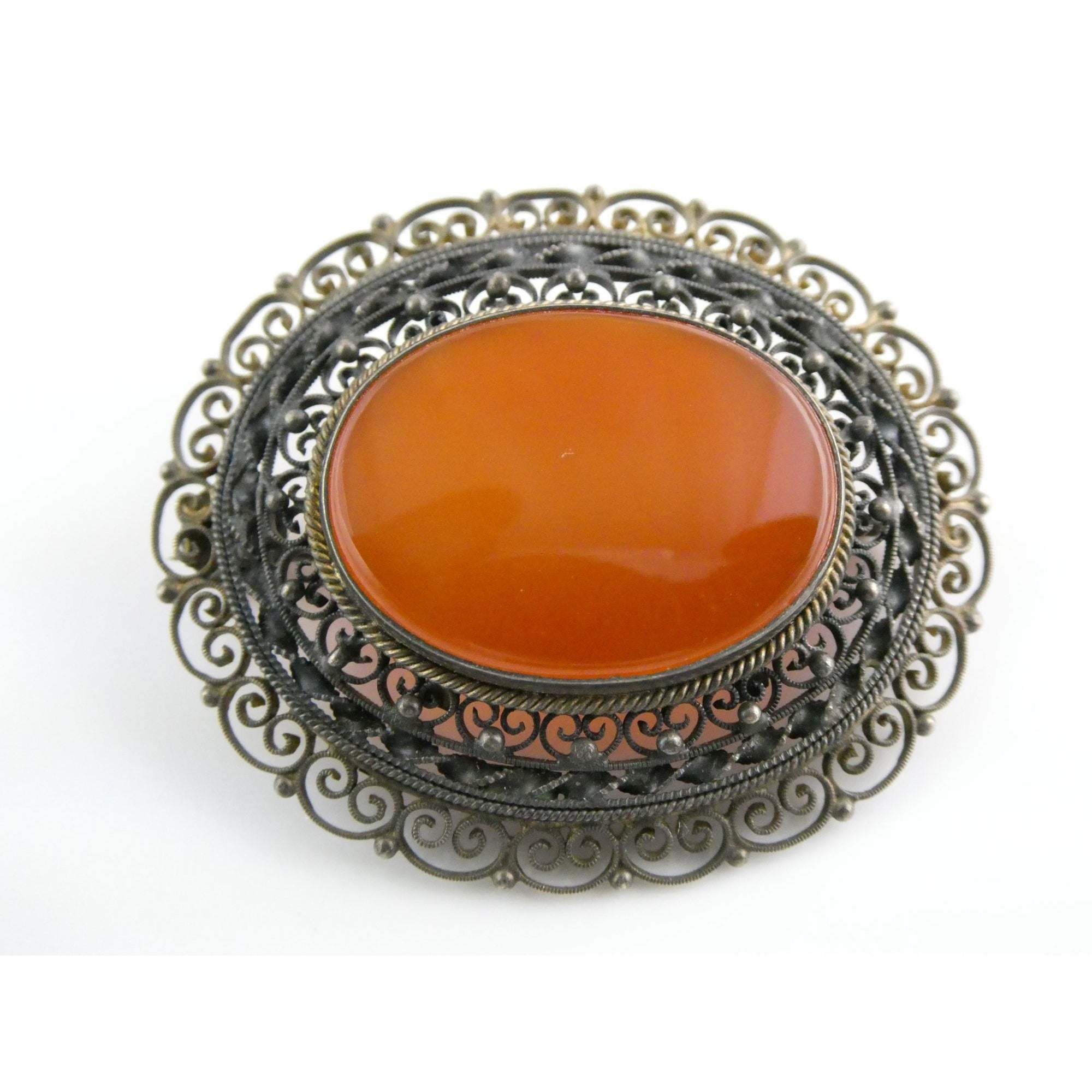 Vintage Italian Partially Gilt Sterling Silver Filigree Carnelian Brooch Pin 10g