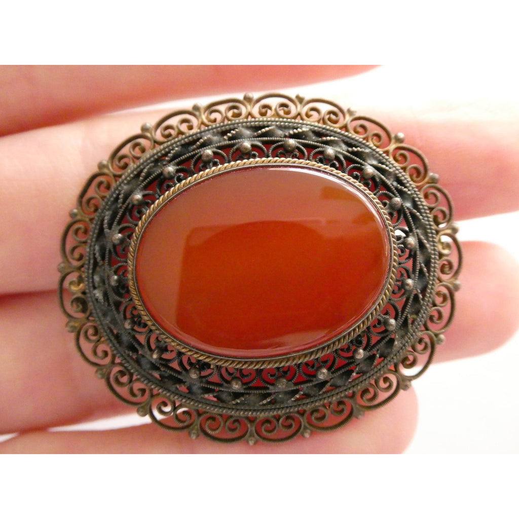 Vintage Italian Partially Gilt Sterling Silver Filigree Carnelian Brooch Pin 10g
