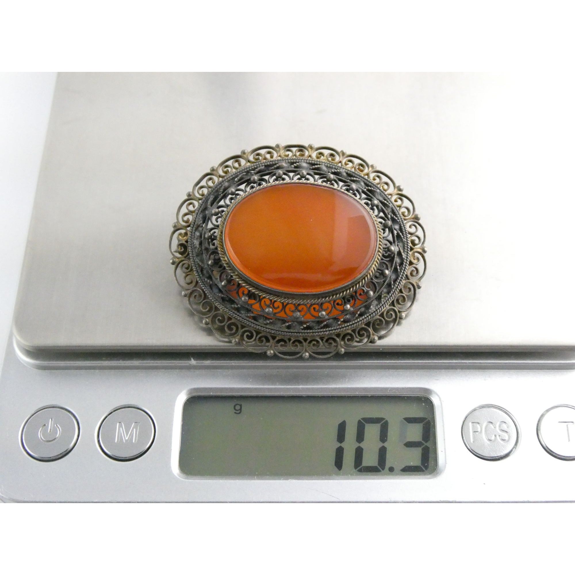 Vintage Italian Partially Gilt Sterling Silver Filigree Carnelian Brooch Pin 10g