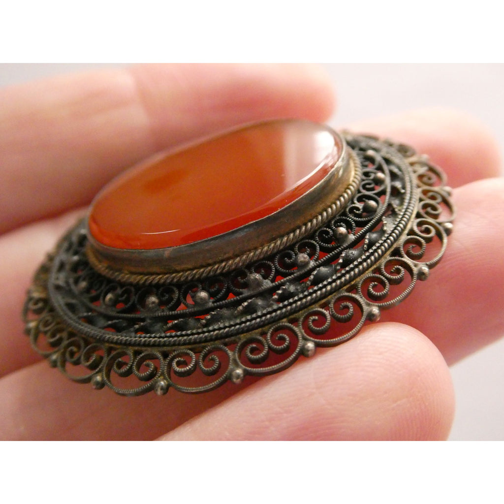 Vintage Italian Partially Gilt Sterling Silver Filigree Carnelian Brooch Pin 10g