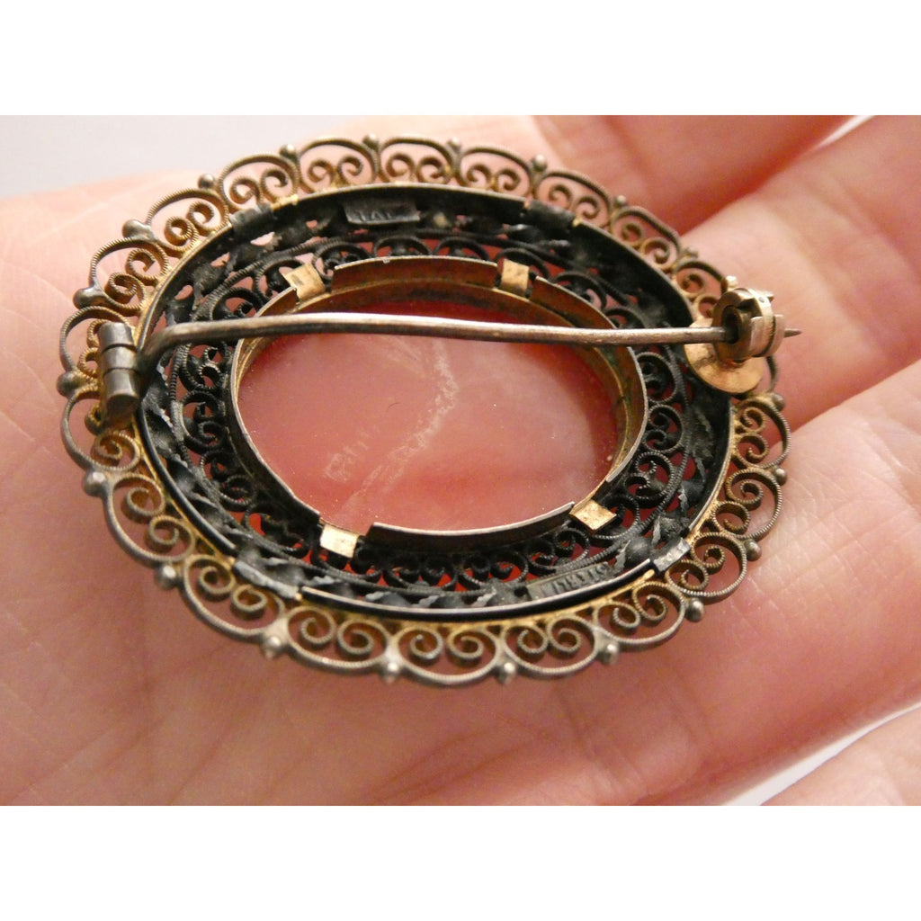 Vintage Italian Partially Gilt Sterling Silver Filigree Carnelian Brooch Pin 10g