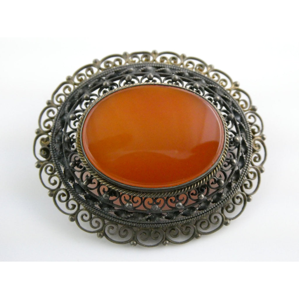 Vintage Italian Partially Gilt Sterling Silver Filigree Carnelian Brooch Pin 10g