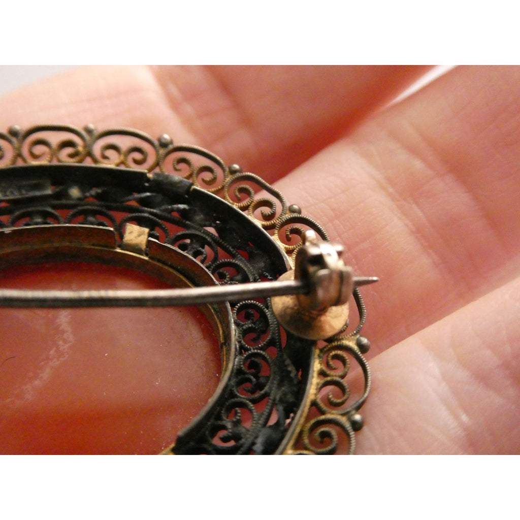 Vintage Italian Partially Gilt Sterling Silver Filigree Carnelian Brooch Pin 10g