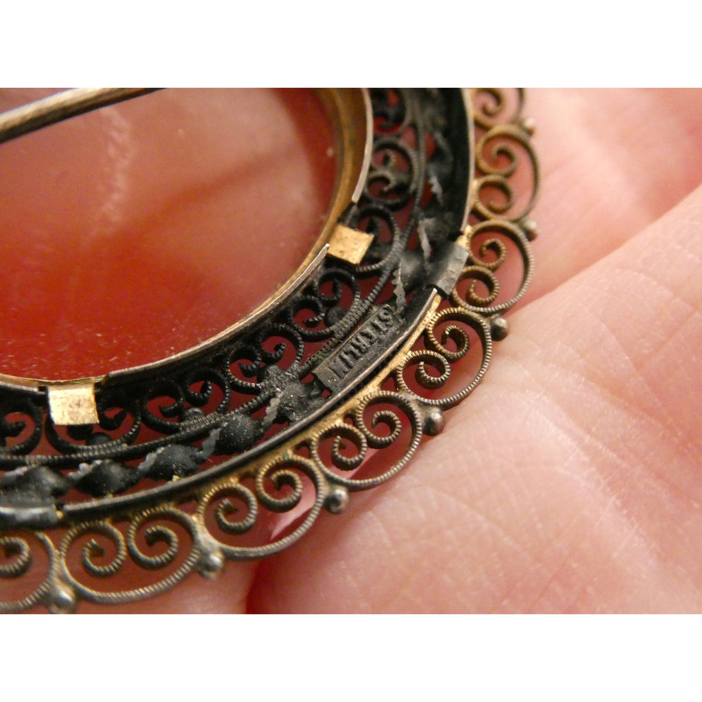 Vintage Italian Partially Gilt Sterling Silver Filigree Carnelian Brooch Pin 10g