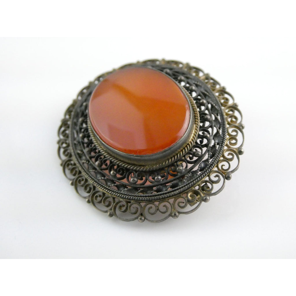 Vintage Italian Partially Gilt Sterling Silver Filigree Carnelian Brooch Pin 10g