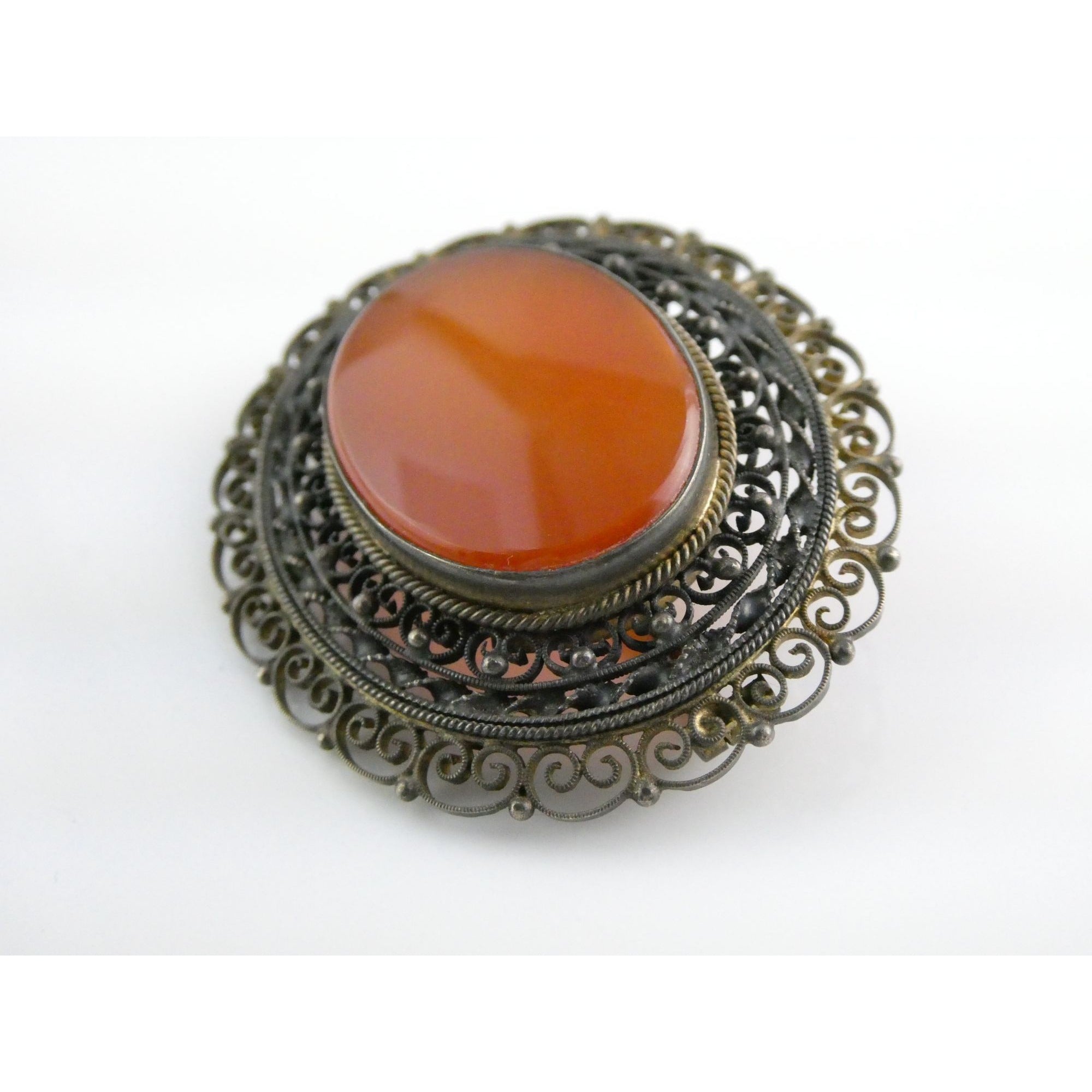 Vintage Italian Partially Gilt Sterling Silver Filigree Carnelian Brooch Pin 10g