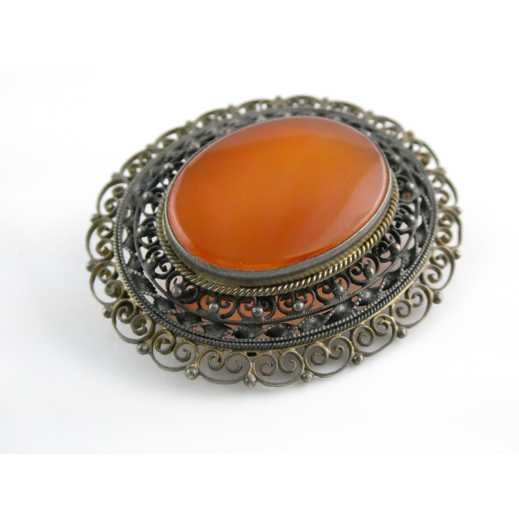 Vintage Italian Partially Gilt Sterling Silver Filigree Carnelian Brooch Pin 10g