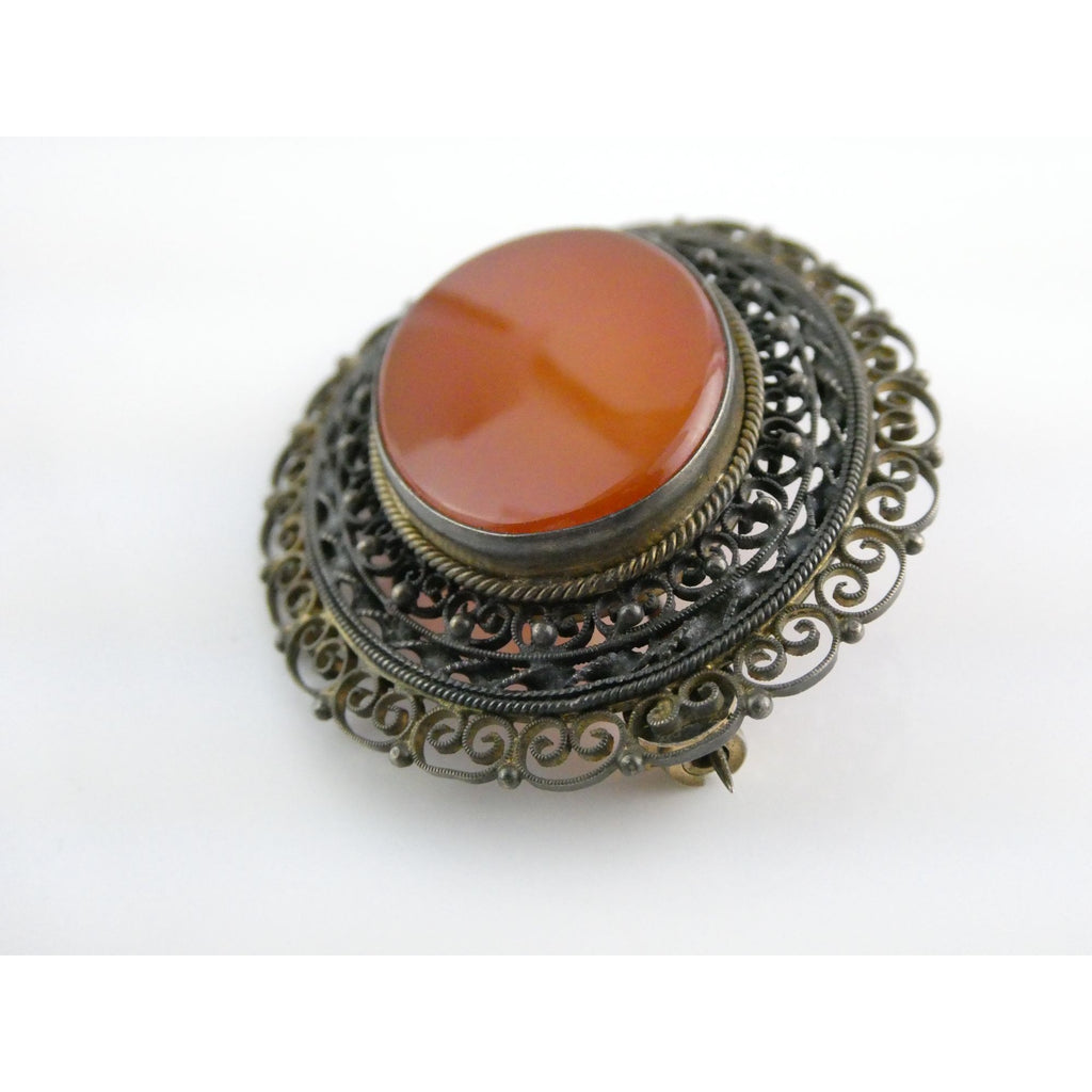 Vintage Italian Partially Gilt Sterling Silver Filigree Carnelian Brooch Pin 10g
