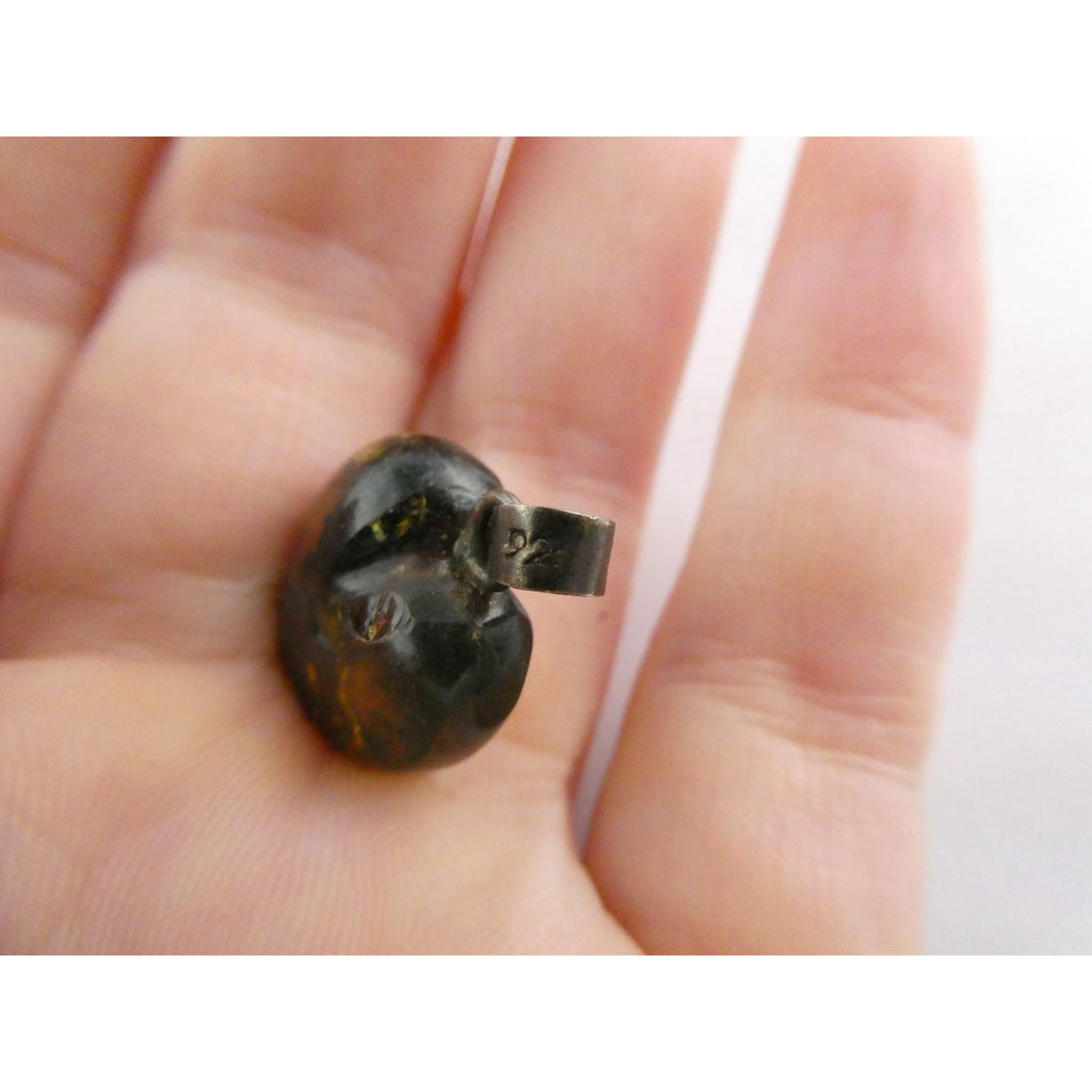 Vintage Sterling Silver Bail Carved Amber Heart Pendant 1.6g 27mm Length