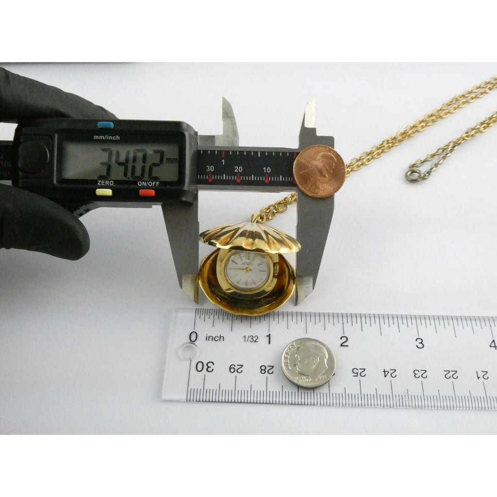 Vintage Ernest Borel Swiss Gold Plated Seashell Watch Pendant Necklace WORKING